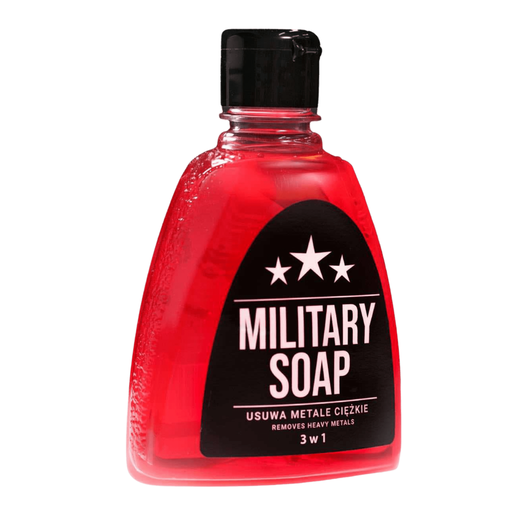 A red bottle labeled Military Soap with black cap.