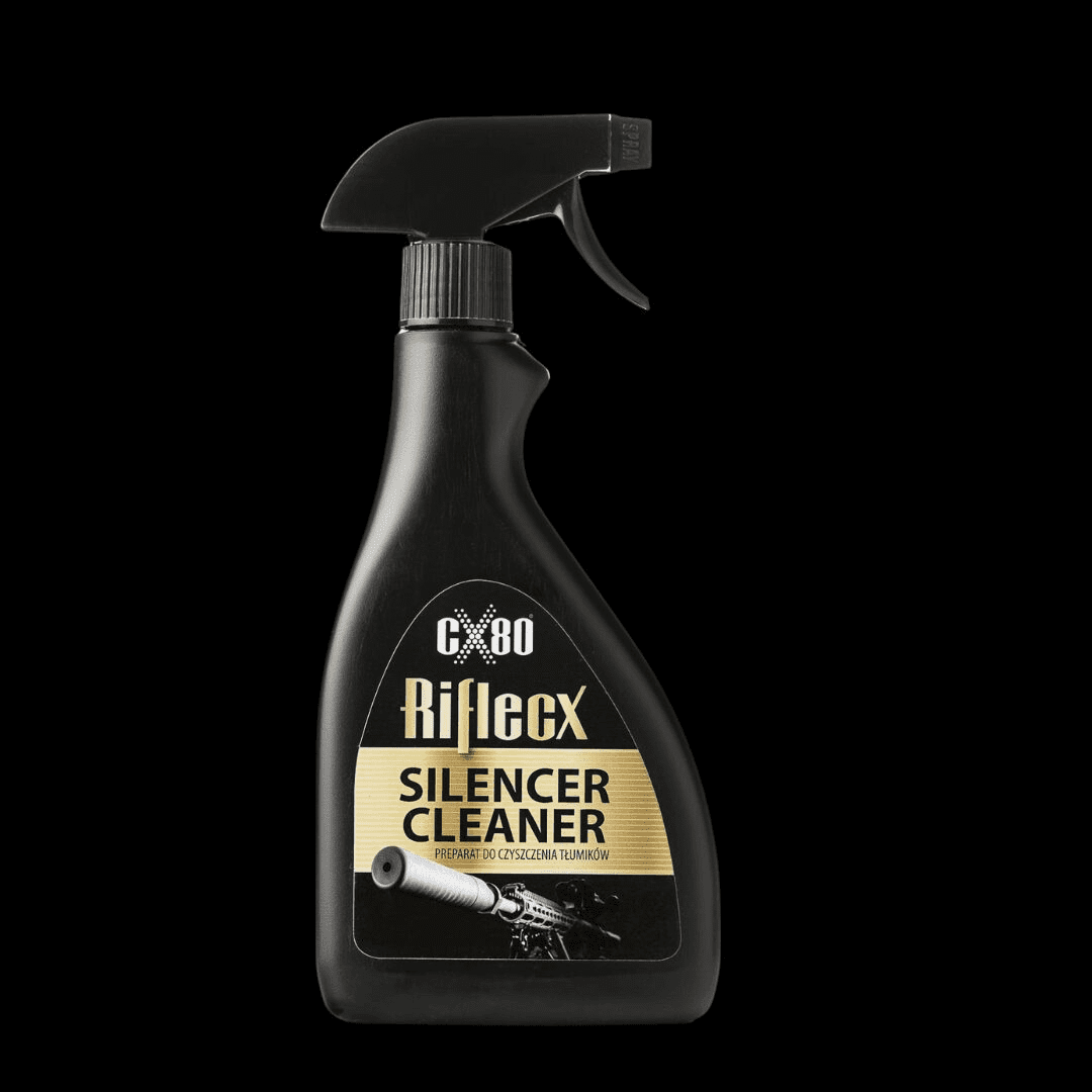 Spray bottle of EXO Hi-Tecx silencer cleaner on black background.