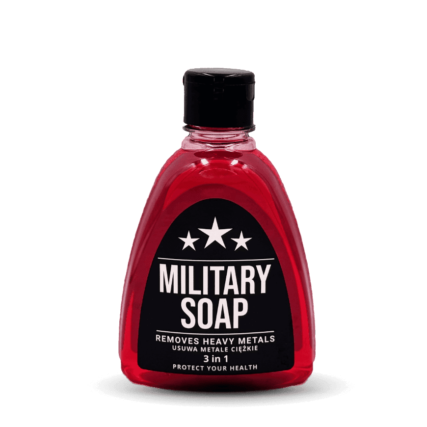 A red bottle of military soap with a black cap and label.