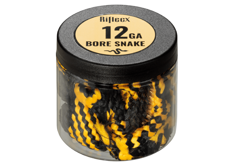 A container of Riflex 12 gauge Bore Snake gun cleaning tool.