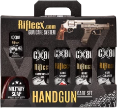 Handgun care set with cleaning sprays and military soap.