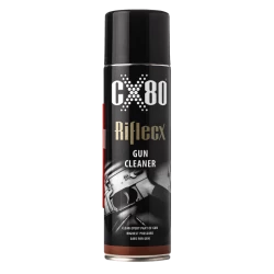 Aerosol can of CX-80 Rifle Gun Cleaner with black and gold label.