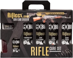 Rifle cleaning kit with brushes and rods in a carrying case.