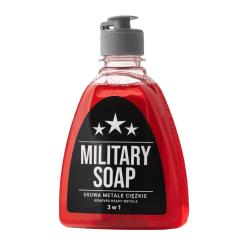 Red liquid military soap in a clear plastic pump bottle.