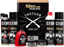 A set of Riflex CX80 shotgun care products including oils and cleaners.