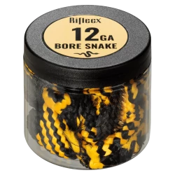 A container labeled '12 ga Bore Snake' with a black and yellow cleaning tool inside.
