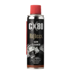 A can of CX-80 Riflex gun cleaner with a red cap and black and white design.